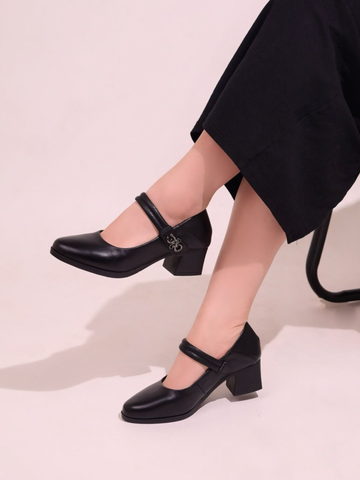 Giày cao gót da dê CÁT TƯỜNG gót vuông 4.5cm mũi thon quai ngang dán 6638