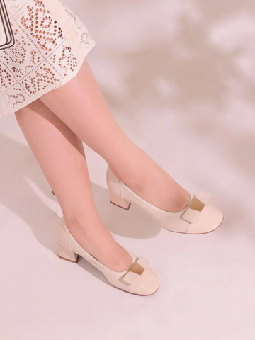 Giày cao gót da dê 4cm mũi tròn captoe patent nơ gắn kim loại AIRA2 6915