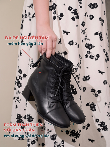 Boot nữ da dê 4.5cm buộc dây mũi captoe khóa sau HOLLY 9569-6