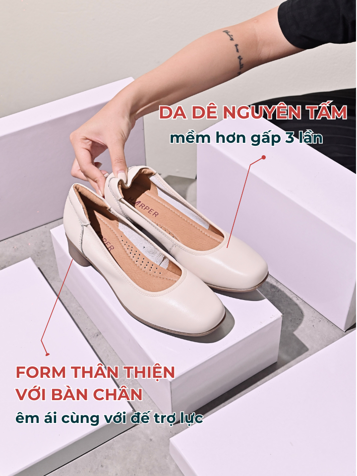 giày da dê 4cm mũi vuông nhỏ trơn đệm gót g6903