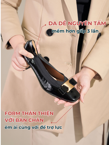 Giày 6cm da dê patent cao cấp AN6901 mũi vuông nơ luồn khuy KL NAVIA