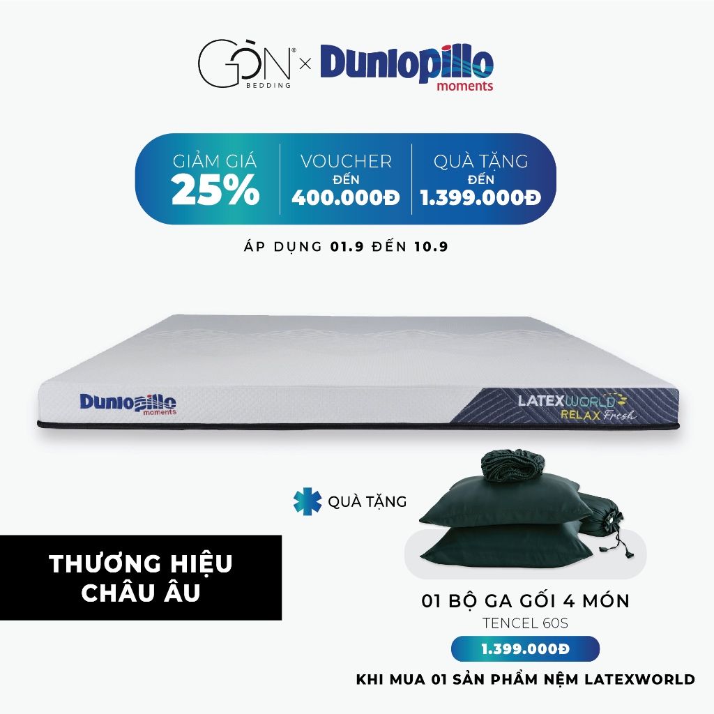  Nệm Cao Su Dunlopillo Latex World Relax cao 10cm, Nâng Đỡ Cột Sống, Thoáng Khí, Kháng Khuẩn 