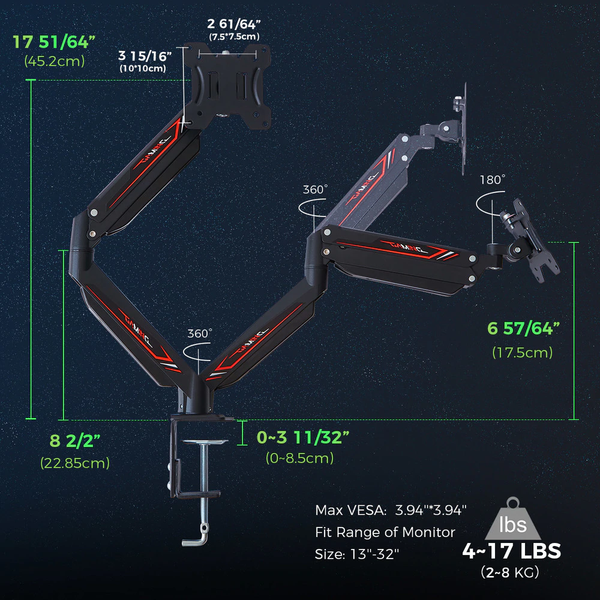 Eureka Gaming® Dual Monitor Stand, Height Adjustable Full Motion (360) Arm Mount, Gaming Design