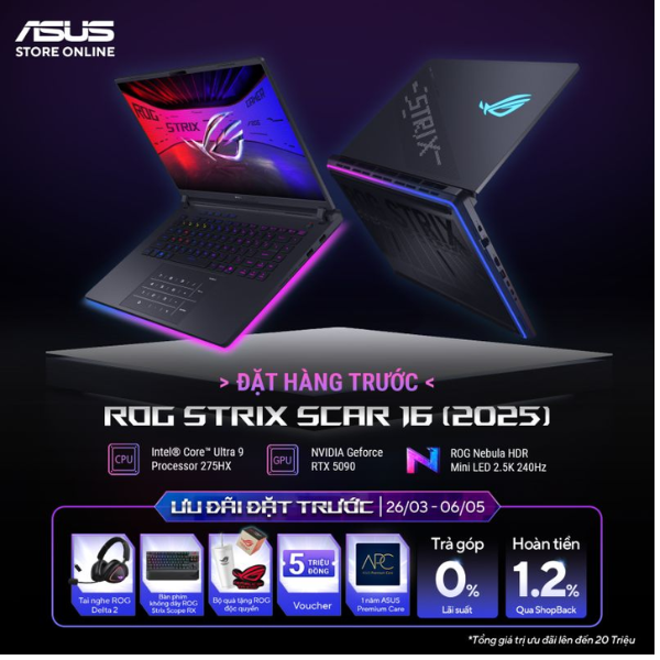 Laptop ASUS ROG Strix SCAR 16 G635LX-RW179W  (Core Ultra 9 275HX | RTX 5090 |16 inch 2.5K 240Hz | 64GB | 4 TB | Win 11 | Đen)