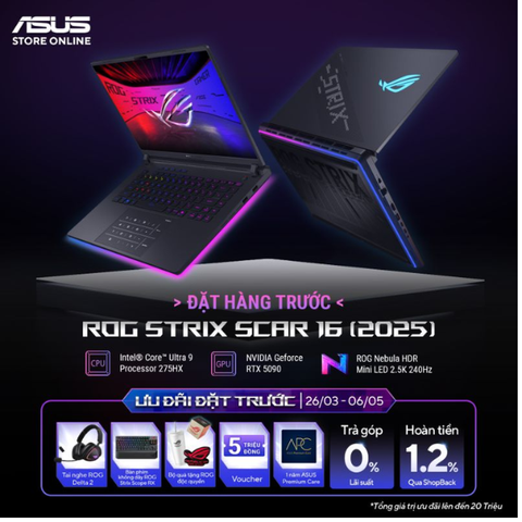 Laptop ASUS ROG Strix SCAR 16 G635LX-RW179W  (Core Ultra 9 275HX | RTX 5090 |16 inch 2.5K 240Hz | 64GB | 4 TB | Win 11 | Đen)