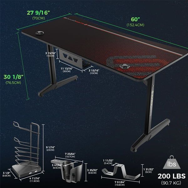 Eureka Gaming Captain Series GIP 60'' Large Home Office E-sports Computer Desk, Erognomic Design, Black