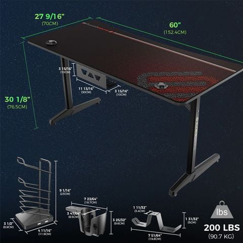 Eureka Gaming Captain Series GIP 60'' Large Home Office E-sports Computer Desk, Erognomic Design, Black