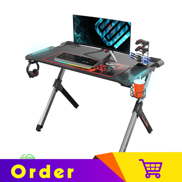 Eureka Ergonomic® R1-S Home Office Gaming Computer Desk With RGB Lights, Controller Stand, Cup Holder & Headphone Hook - Black