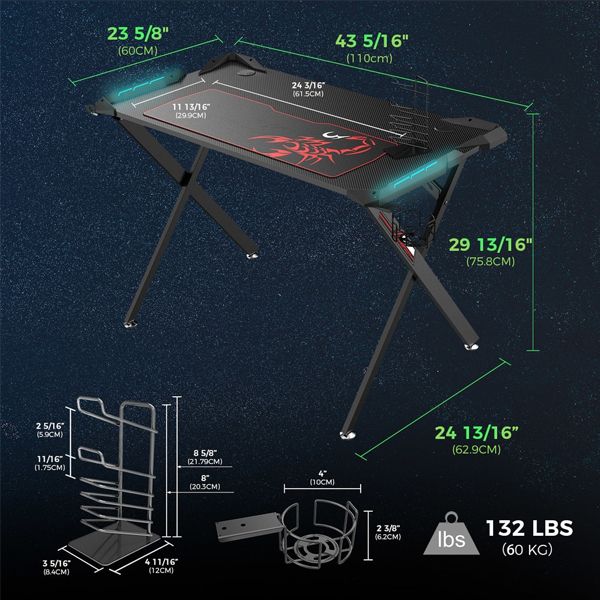 Eureka Ergonomic® 44'' X1-S Gaming Computer Desk with LED Lights, Cup Holder & Headphone Hook, Home Office Gaming Table, Black