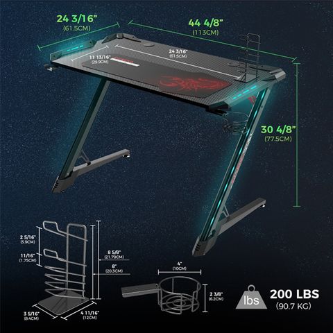 Eureka Ergonomic® Z1-S PRO Home Office Gaming Desk With RGB Lights, Controller Stand, Cup Holder & Headphone Hook - Black