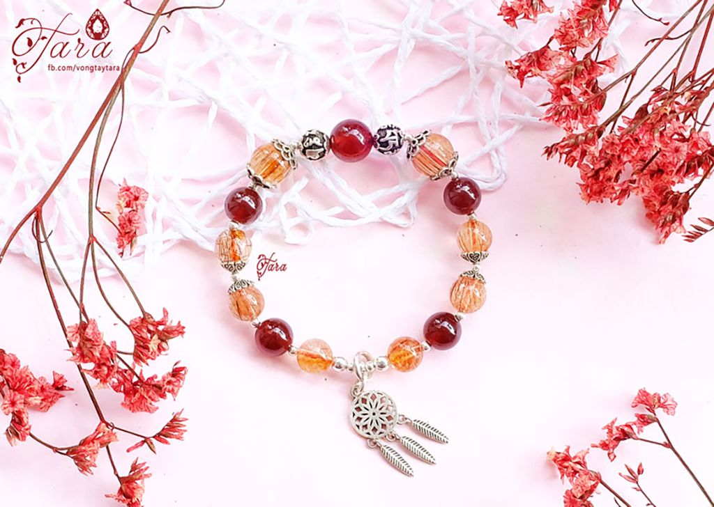  Vòng tay Thạch Anh Tóc Đỏ mix Garnet và Charm Bạc 925 