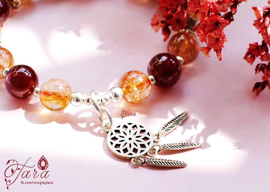  Vòng tay Thạch Anh Tóc Đỏ mix Garnet và Charm Bạc 925 