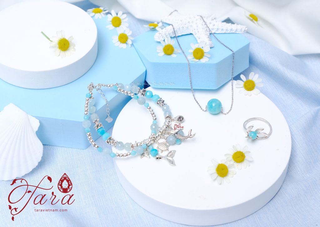  Vòng đôi đá Amazonite mix Aquamarine và Charm bạc Thái cao cấp 