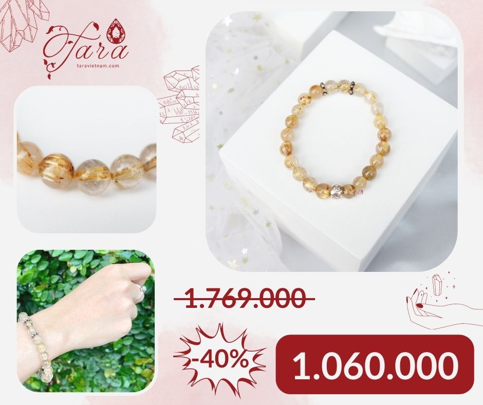  Vòng Thạch Anh Tóc Vàng Charm Khắc Cỏ Bốn Lá Ưu Đãi 