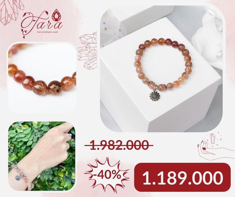  Vòng Thạch Anh Tóc Đỏ Charm Hoa Cúc Ưu Đãi 