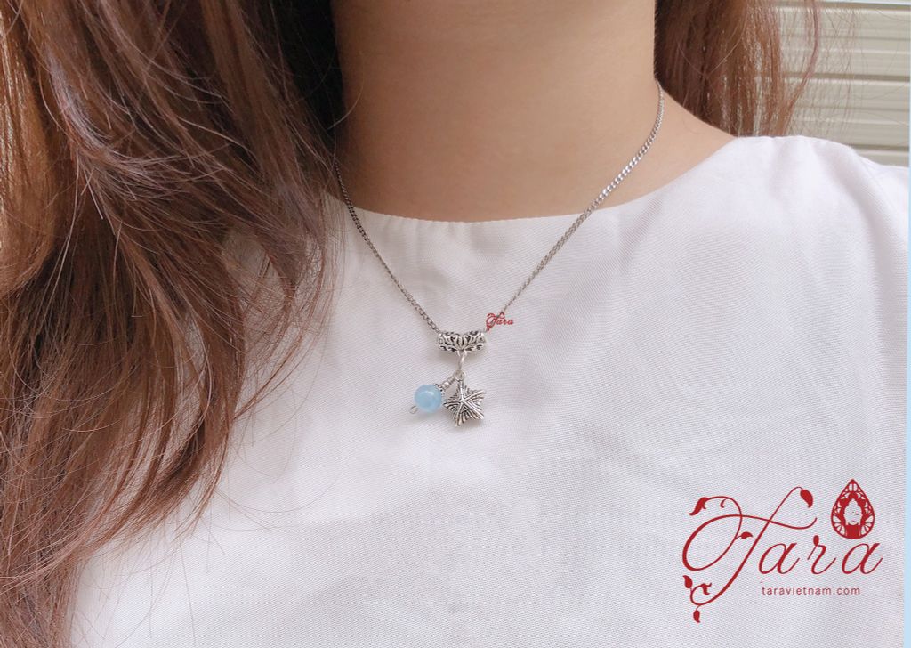  Mặt dây chuyền đá Aquamarine cao cấp và Charm sao biển Bạc Thái 925 