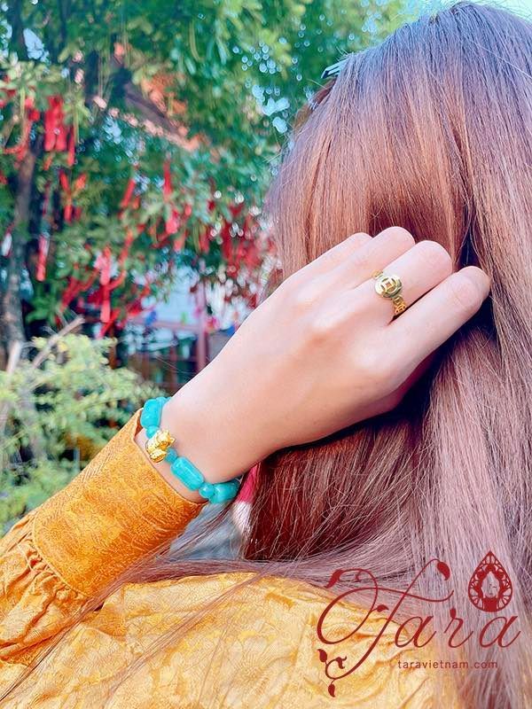  Vòng tay Amazonite mix Charm Mèo Thần Tài đáng yêu Vàng 24K 