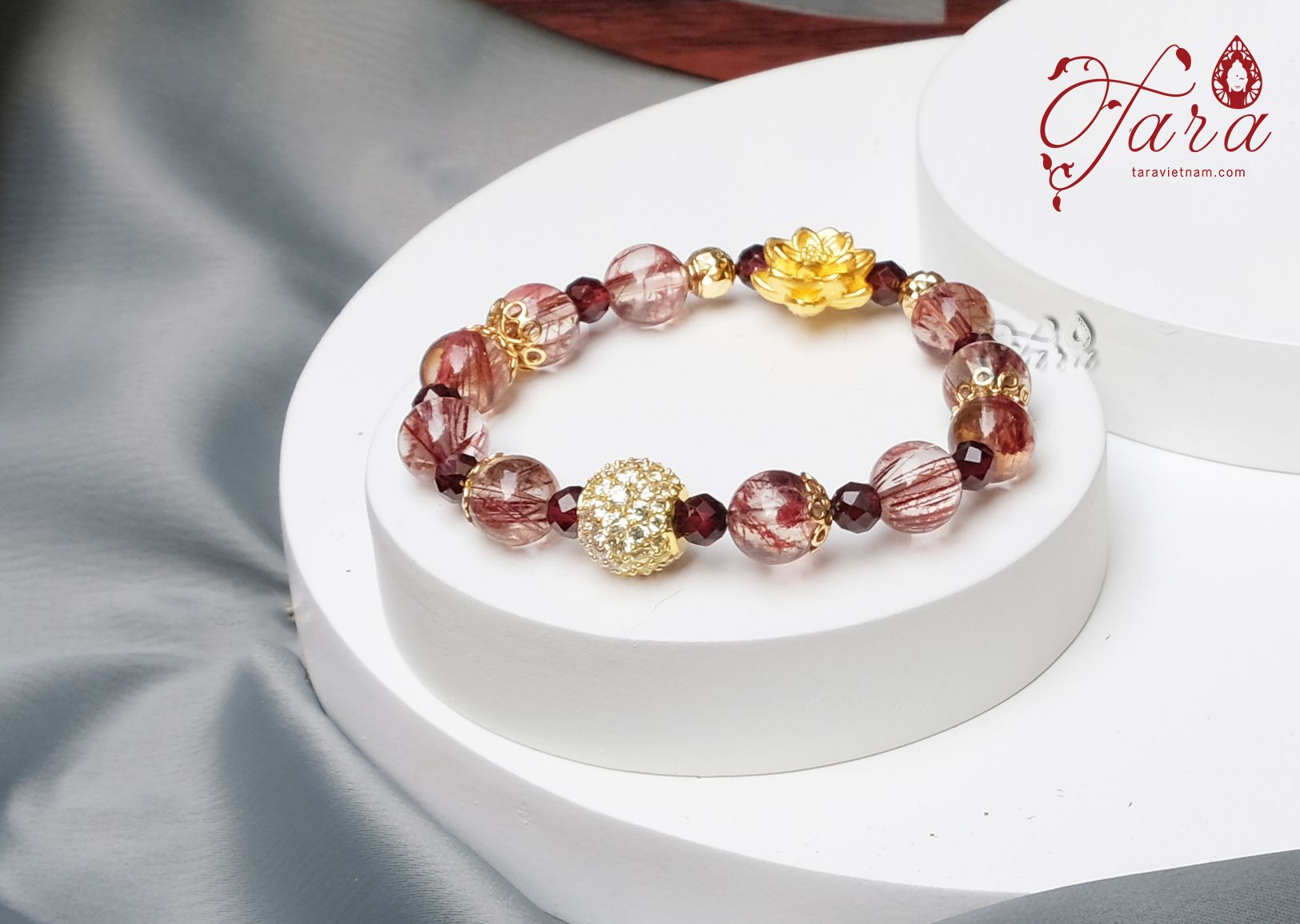  Charm vàng 24k tài lộc mix Thạch anh tóc đỏ và Garnet 