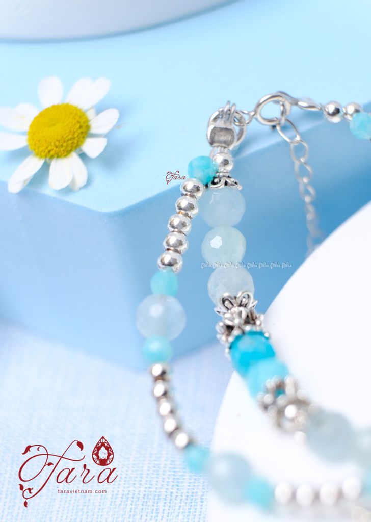  Vòng đôi đá Amazonite mix Aquamarine và Charm bạc Thái cao cấp 