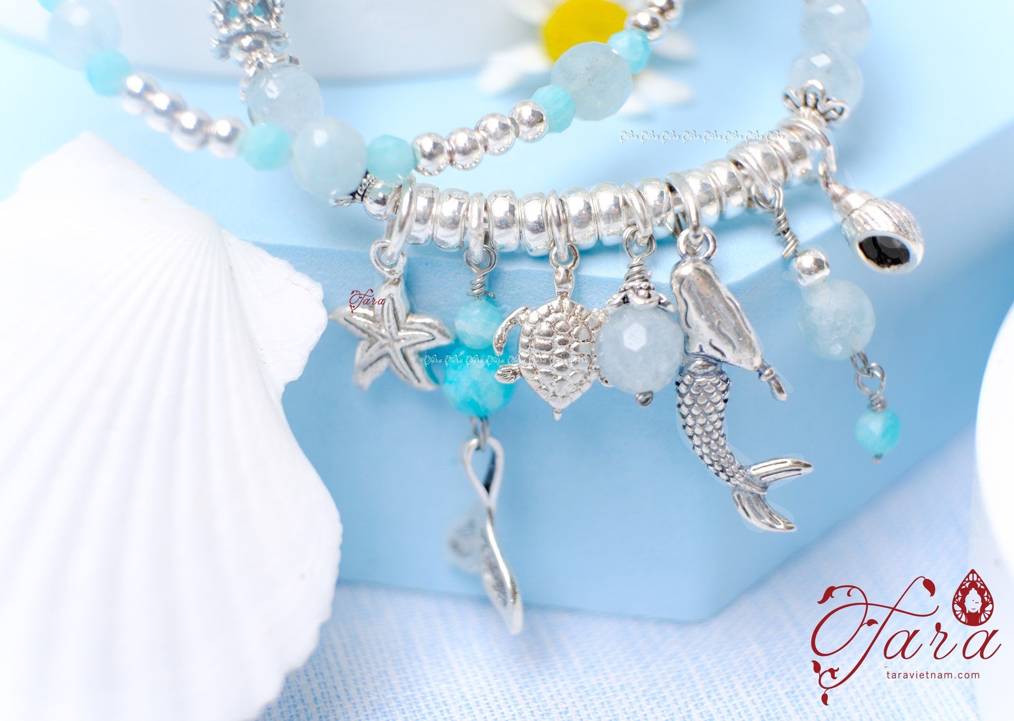  Vòng đôi đá Amazonite mix Aquamarine và Charm bạc Thái cao cấp 