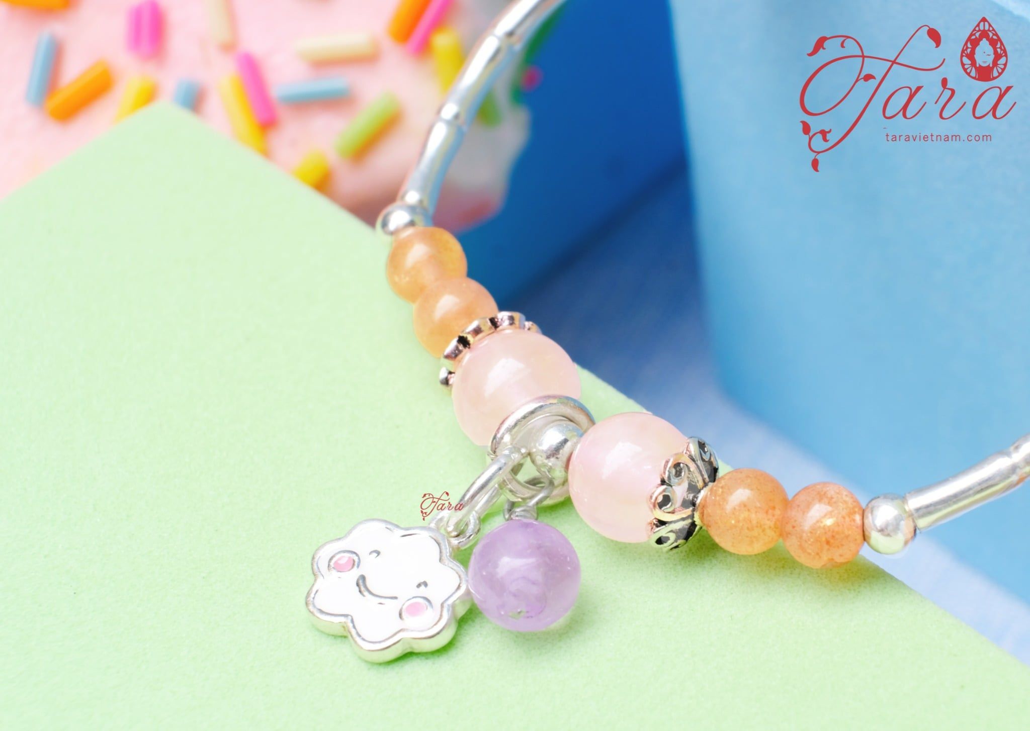  Vòng tay Thạch anh tím mix Sunstone và Thạch anh hồng ngọt ngào cho bé 