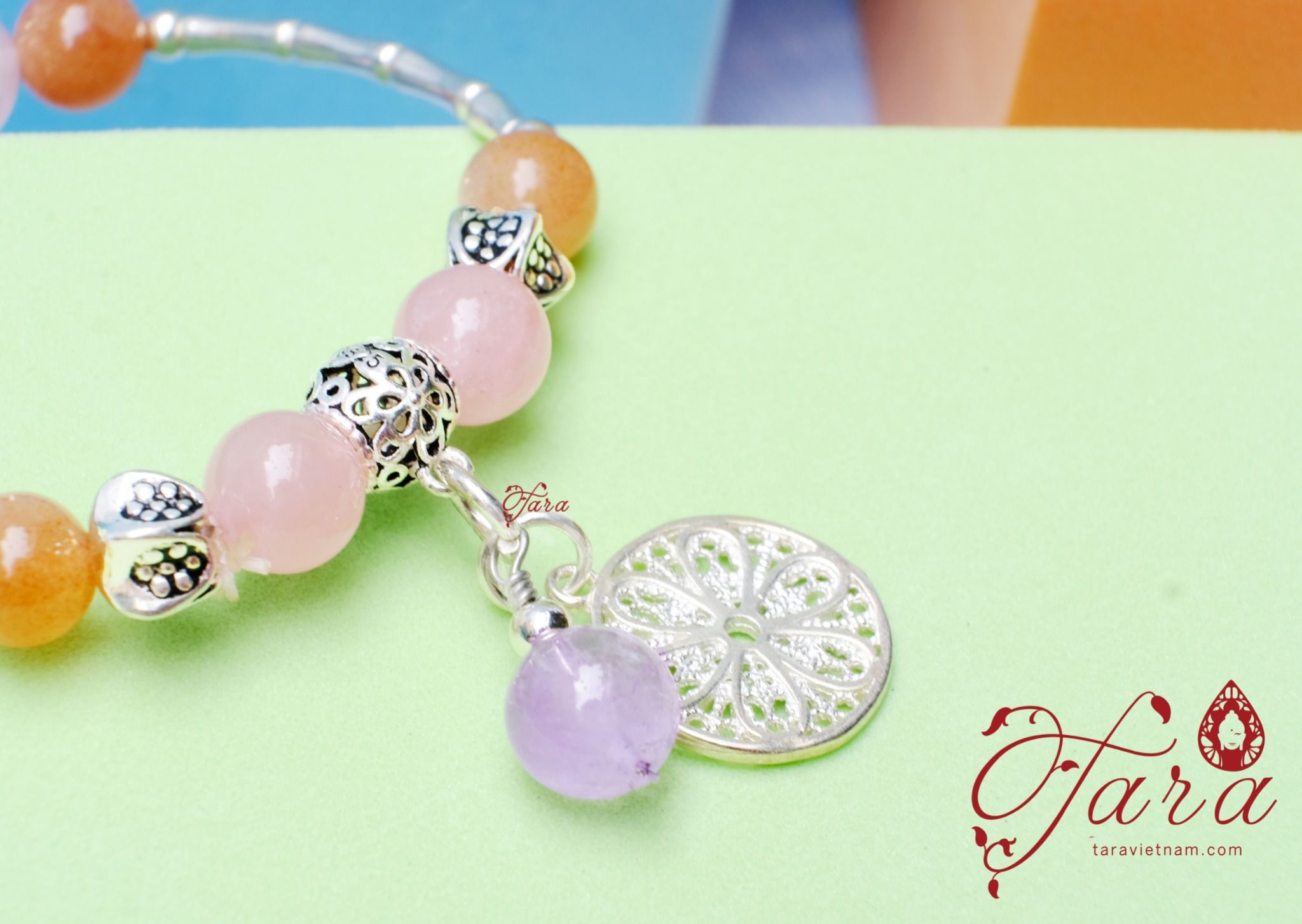  Vòng tay đá Thạch anh tím mix Thạch anh hồng và Sunstone 