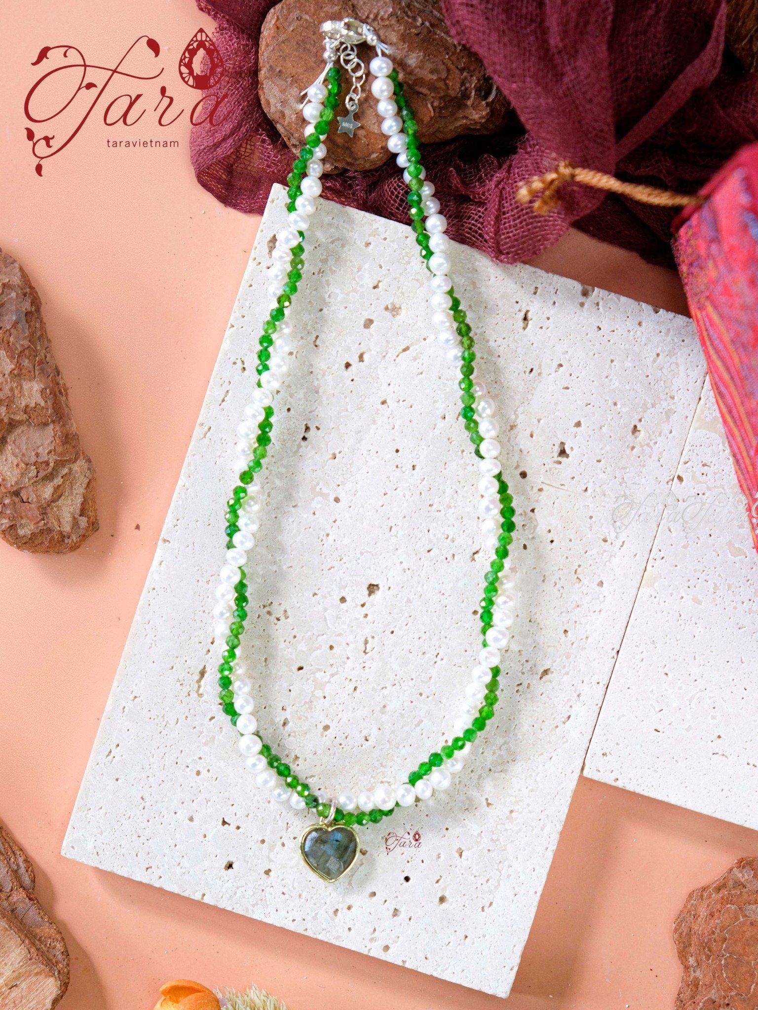  Dây Chuyền Diopside và Ngọc Trai mix Charm Hắc Nguyệt Quang 