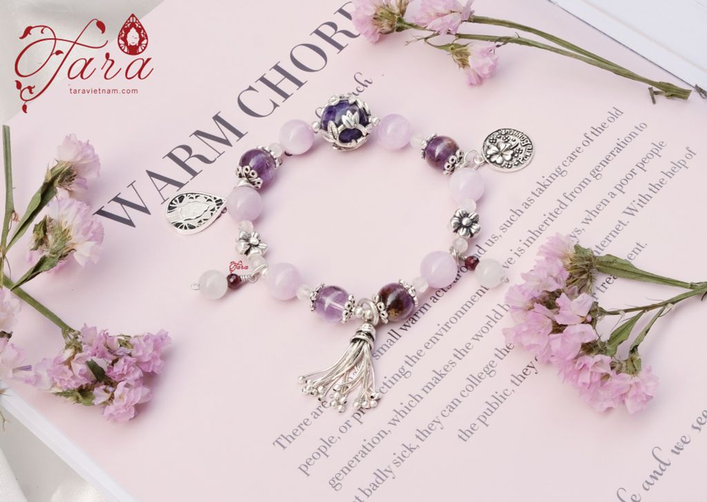  Vòng tay đá Kunzite mix Charoite và Bạc 925 cao cấp 