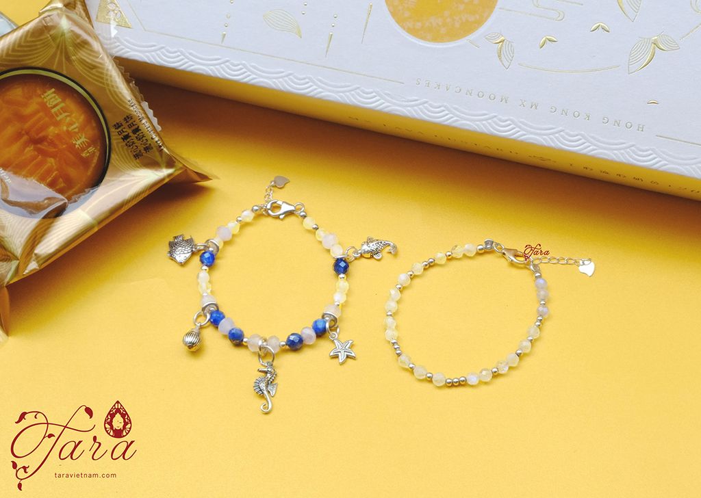  Set vòng tay Kyanite và Moonstone mix Charm bạc Thái 925 