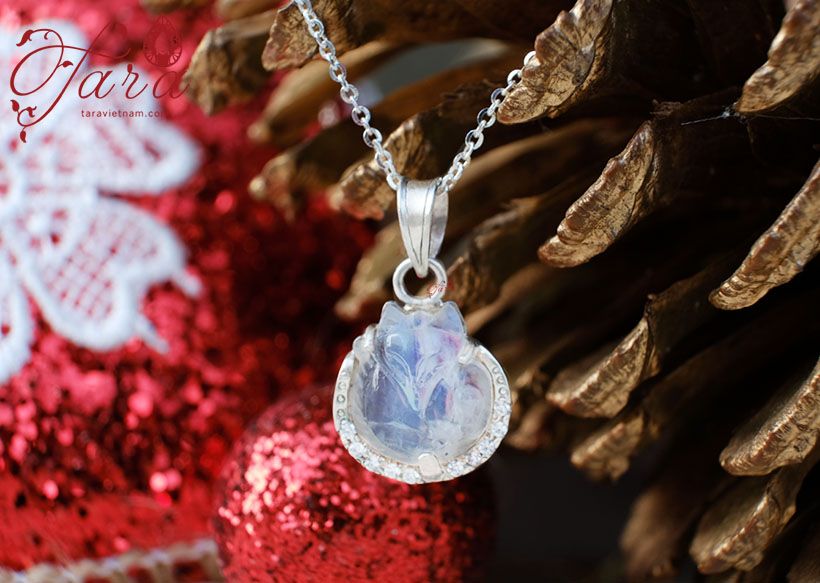  Mặt dây chuyền Hồ ly Moonstone ánh xanh bọc bạc đính tấm Cao cấp 