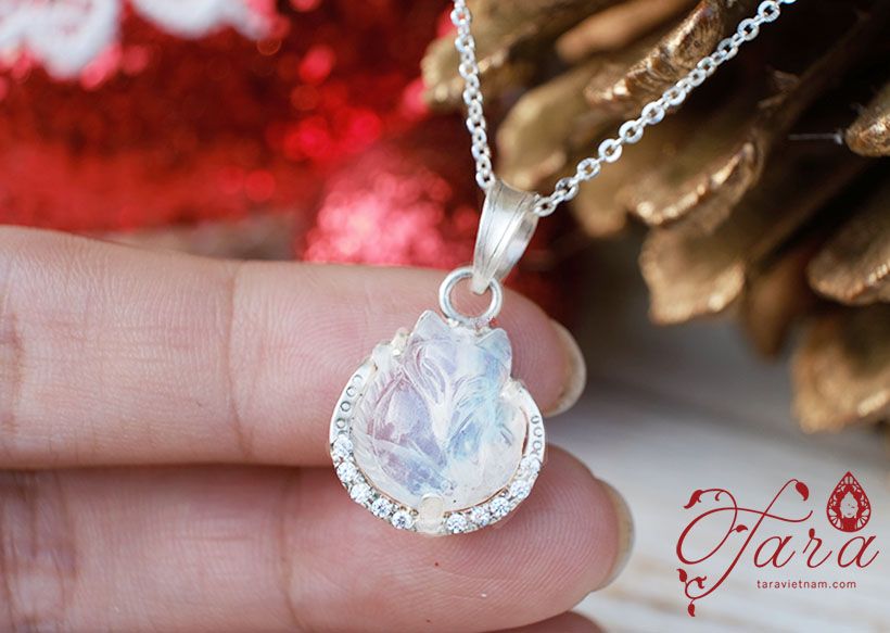  Mặt dây chuyền Hồ ly Moonstone ánh xanh bọc bạc đính tấm Cao cấp 