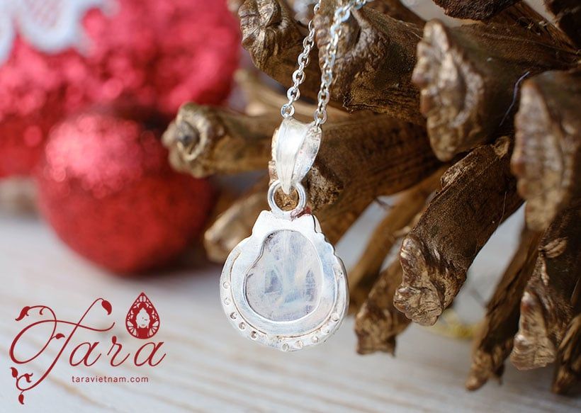  Mặt dây chuyền Hồ ly Moonstone ánh xanh bọc bạc đính tấm Cao cấp 