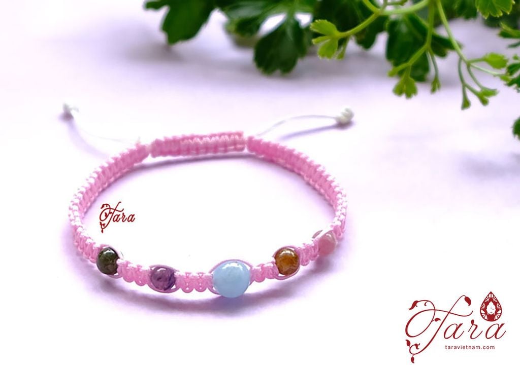  Vòng đá Tourmaline và Aquamarine thắt dây vải Thời Trang 