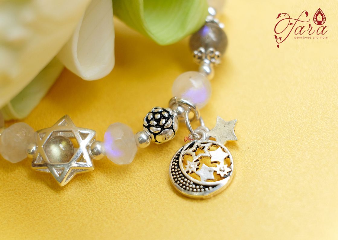  Set vòng tay đá Moonstone mix Labradorite và Charm Bạc Thái 925 