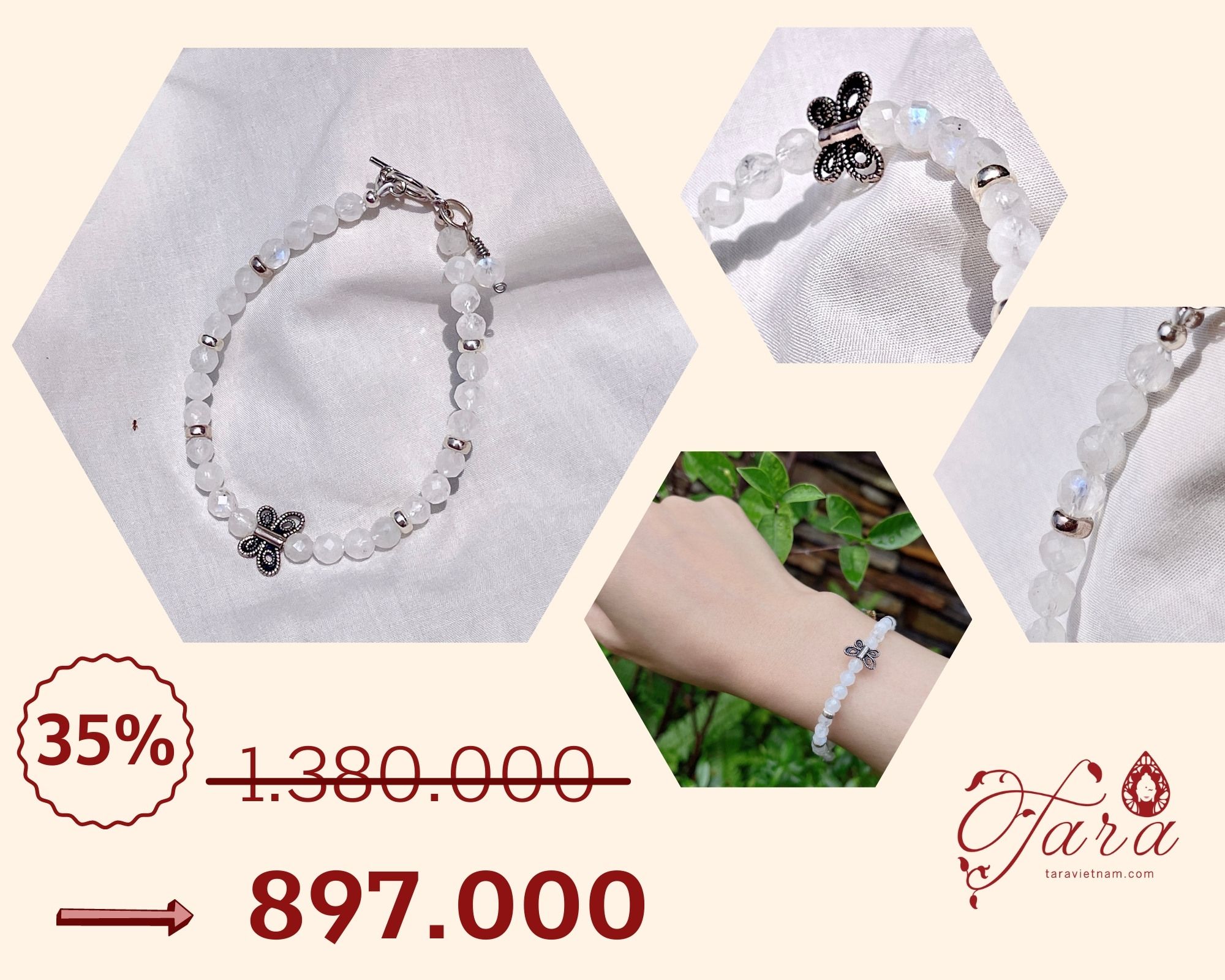  Vòng Moonstone mix Charm Bạc Ưu Đãi 