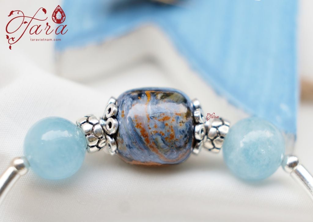  Kiềng Bạc đá Aquamarine mix lu thống đá Mắt Bão và Charm Bạc Thái cao cấp 