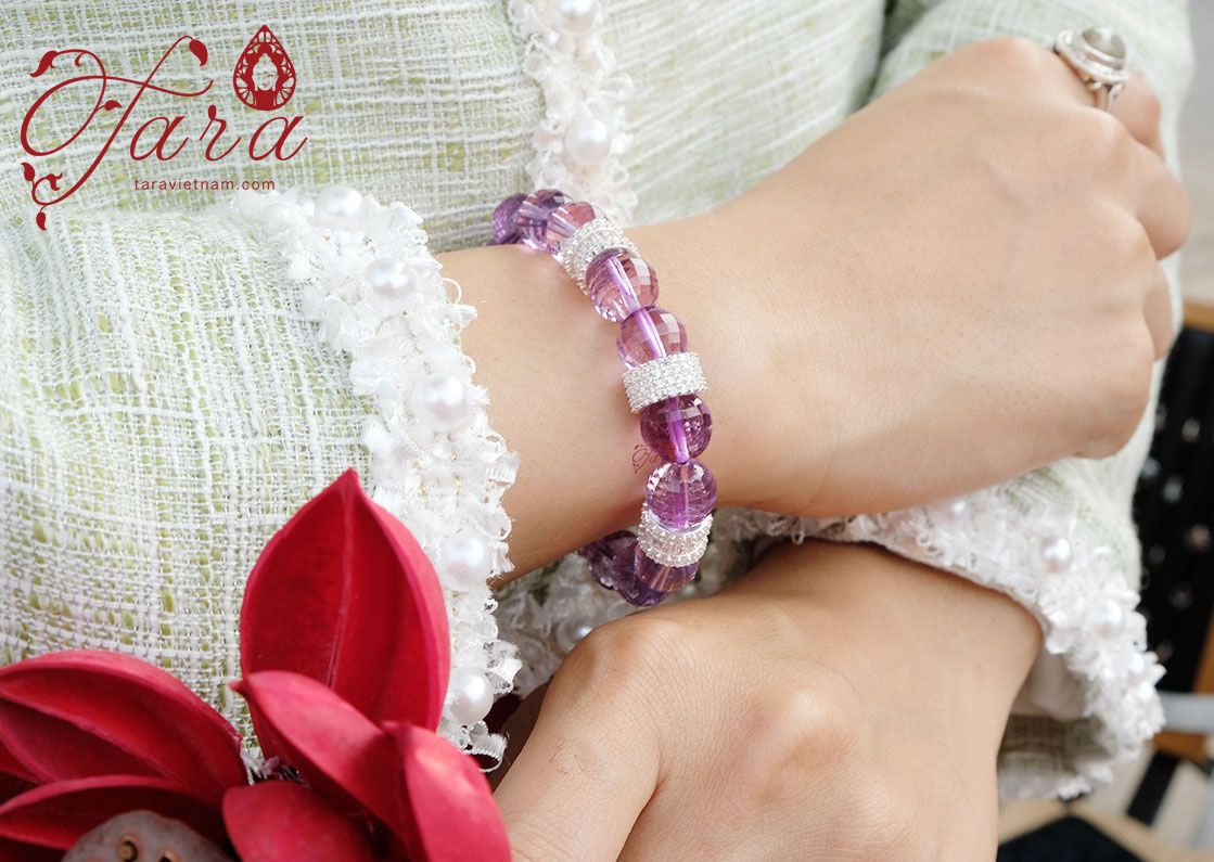  Thạch Anh Tím Mài Giác mix Charm Bạc 