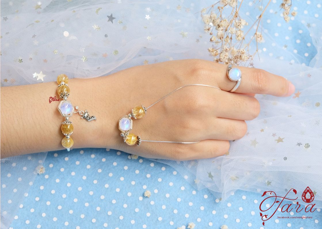  Set trang sức Thạch Anh Tóc Vàng mix Moonstone và Charm bạc Thái cao cấp 