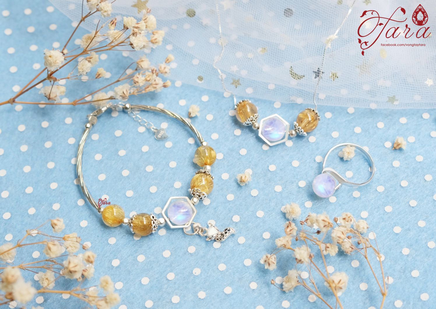  Set trang sức Thạch Anh Tóc Vàng mix Moonstone và Charm bạc Thái cao cấp 