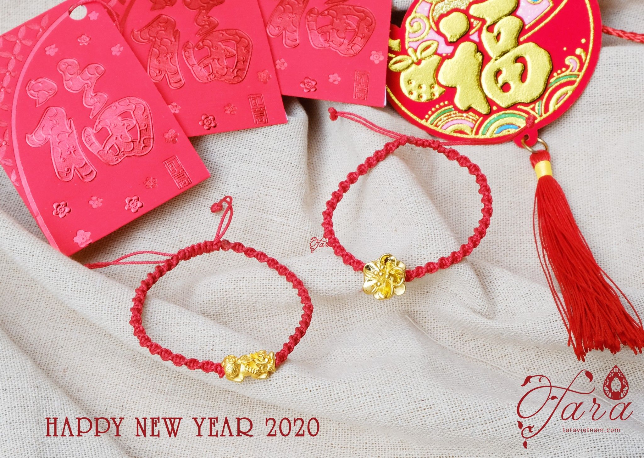  Vòng dây vải thắt Charm Hoa Mai Vàng 24k 