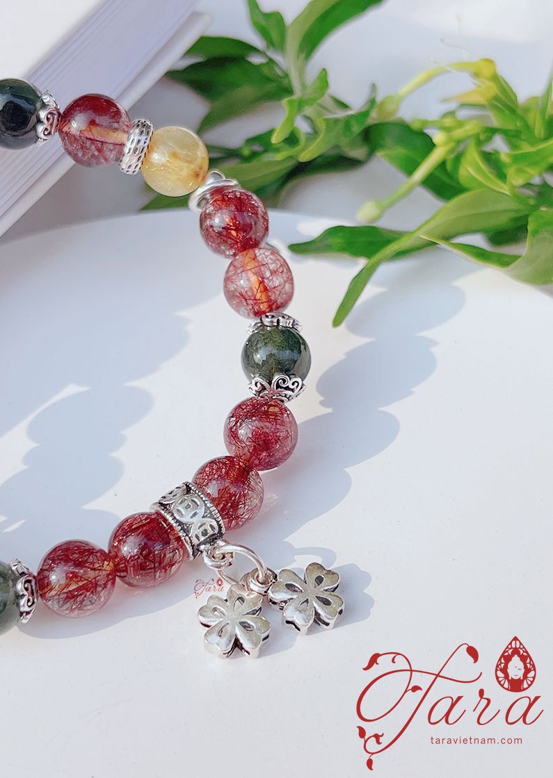  Vòng tay Thạch anh tóc tam tài rực rỡ mix charm bạc 925 cao cấp 