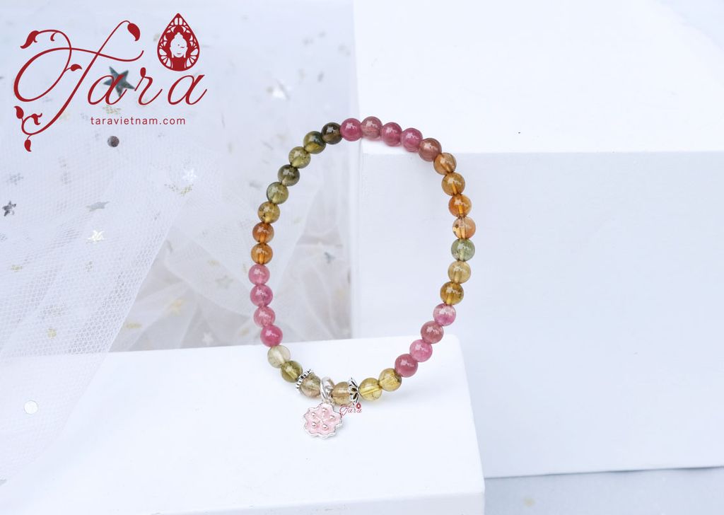  A00 - Vòng Tourmaline mix Charm Bạc Hoa Đào 