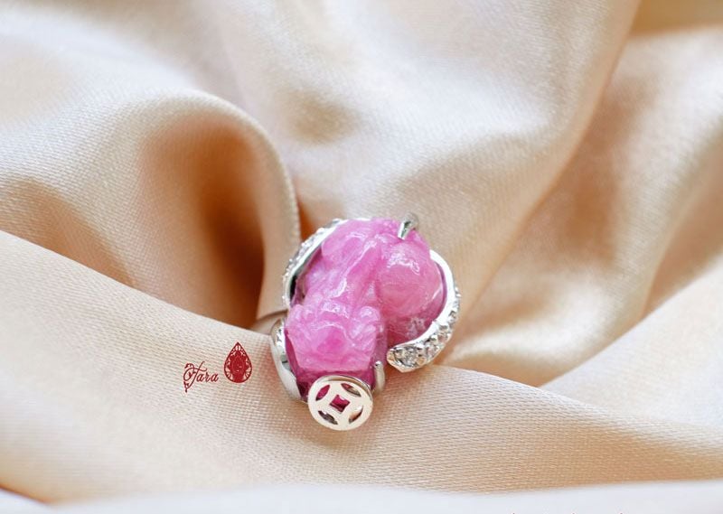  Nhẫn Bạc Tỳ Hưu đá Ruby chiêu tài chiêu lộc 