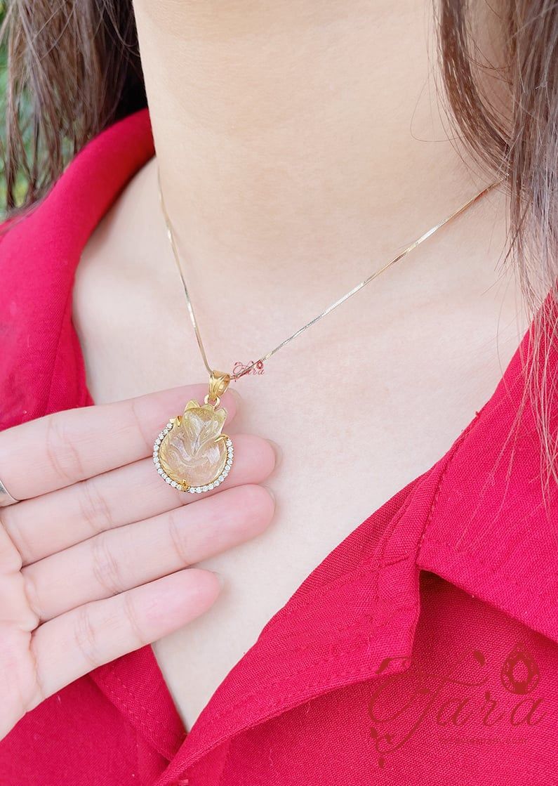  Mặt Dây Chuyền Hồ Ly Thạch Anh Tóc Vàng bọc Vàng 14k 