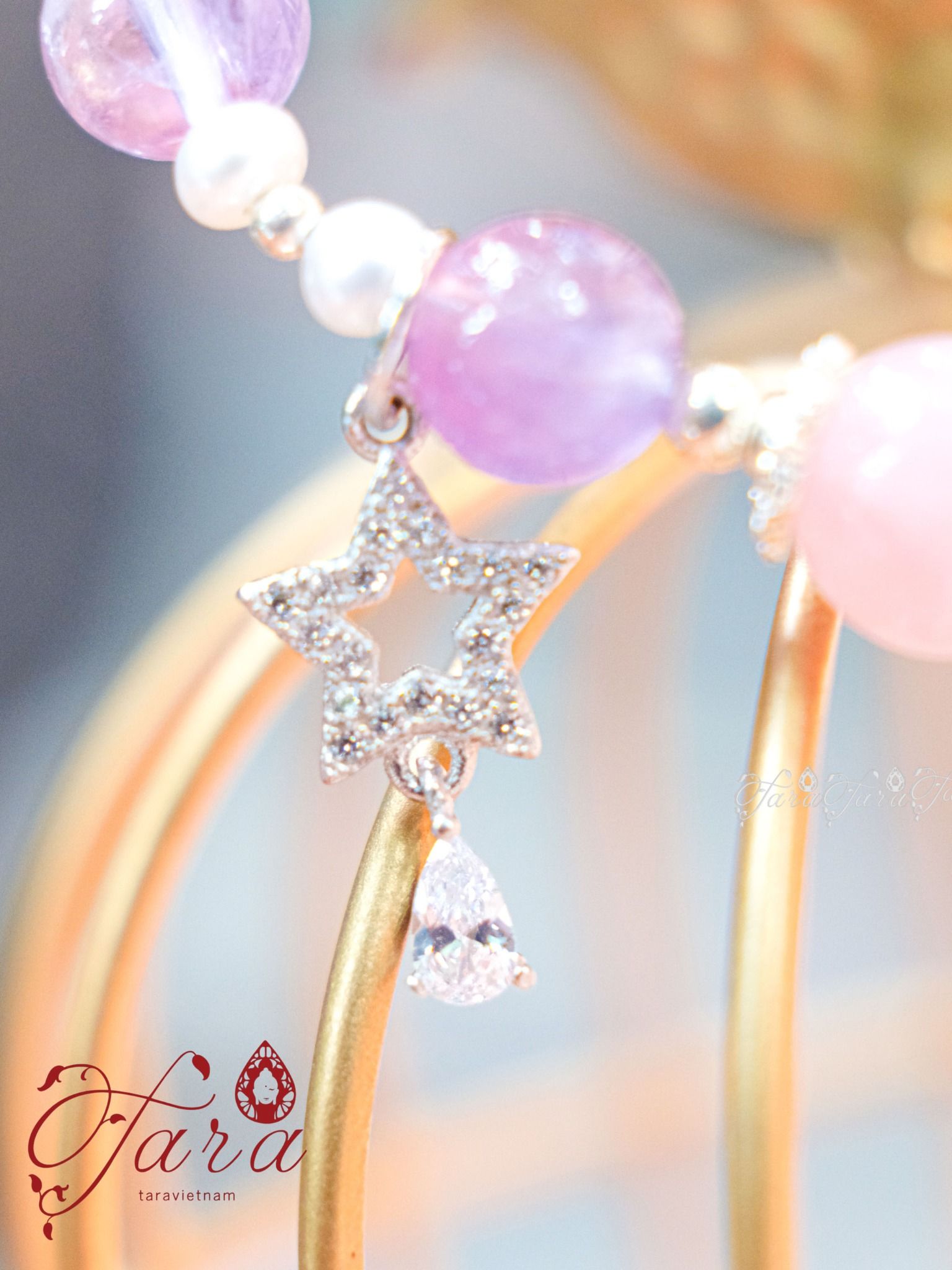  Vòng Thạch Anh Hồng, Ngọc Trai mix Charm Thạch Anh Tím 