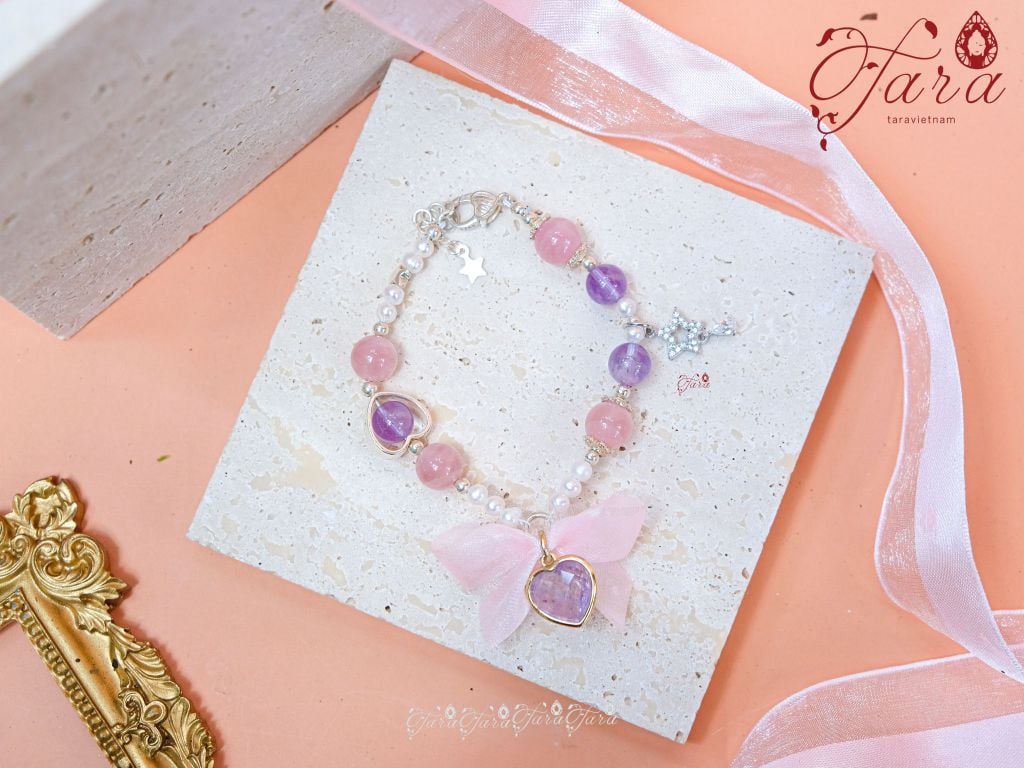  Vòng Thạch Anh Hồng, Ngọc Trai mix Charm Thạch Anh Tím 