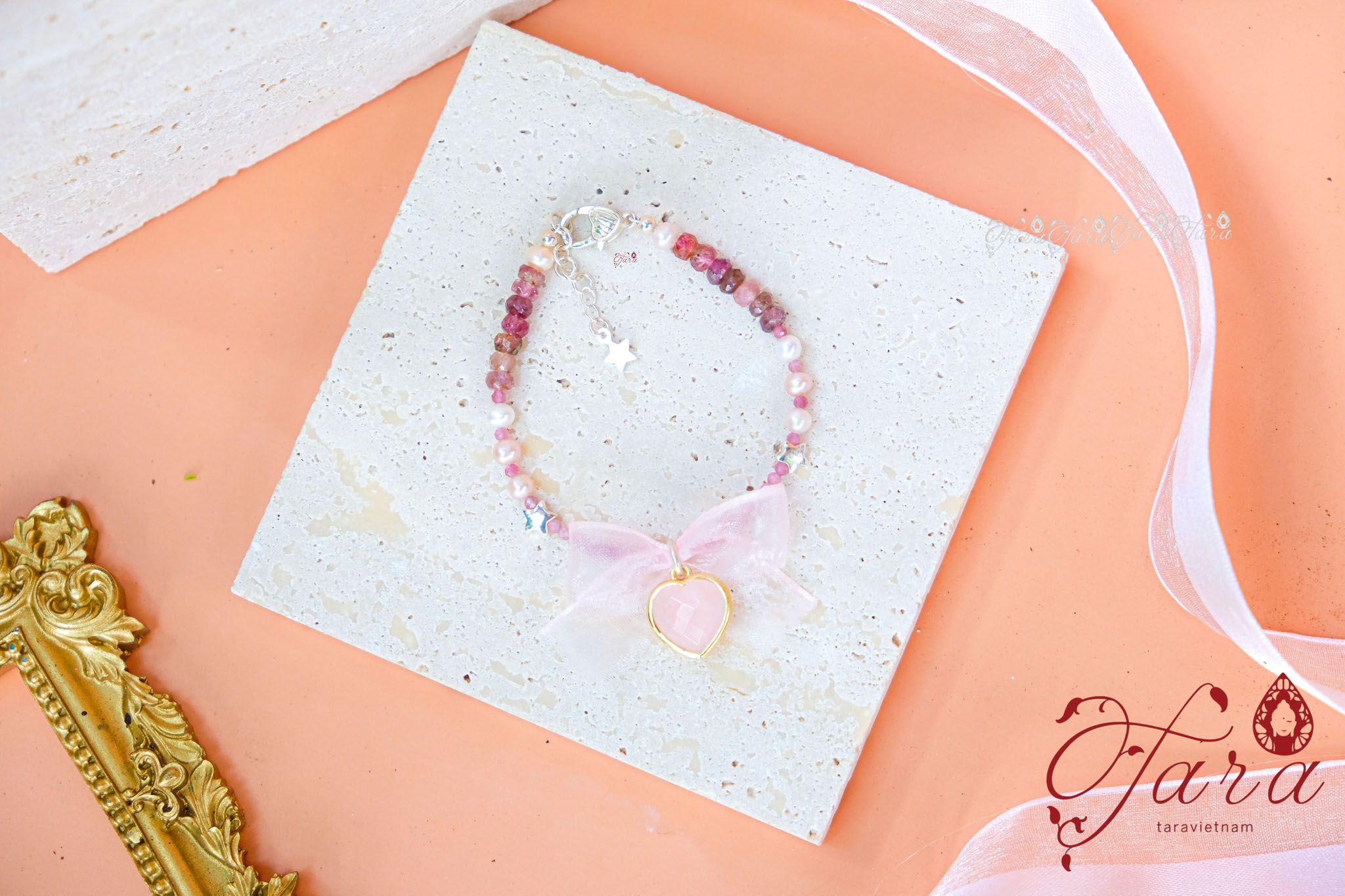  Vòng Ngọc Trai, Tourmaline mix Charm Thạch Anh Hồng 