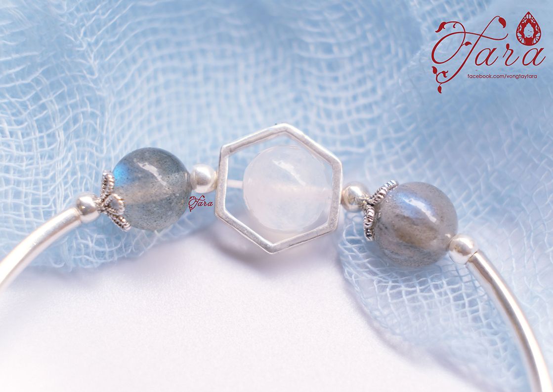  Kiềng tay bạc mix Aquamarine, Ưu Linh Trắng và Hắc Nguyệt Quang 