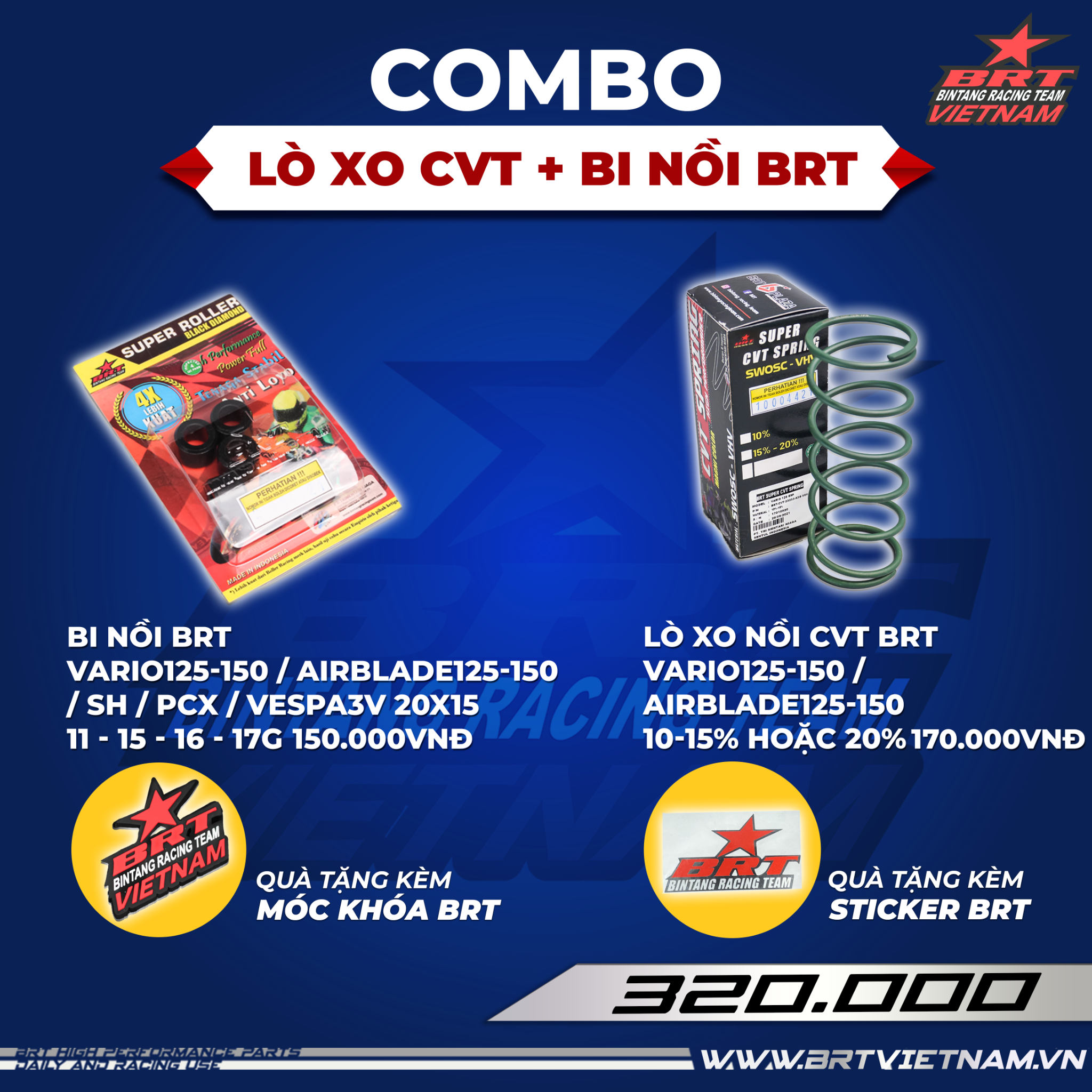  Combo Lò xo nồi tay ga Vario 125-150 / AirBlade 125-150 / PCX / ADV(10-15% hoặc 20%) + Bi nồi BRT - Tặng kèm móc khóa BRT 