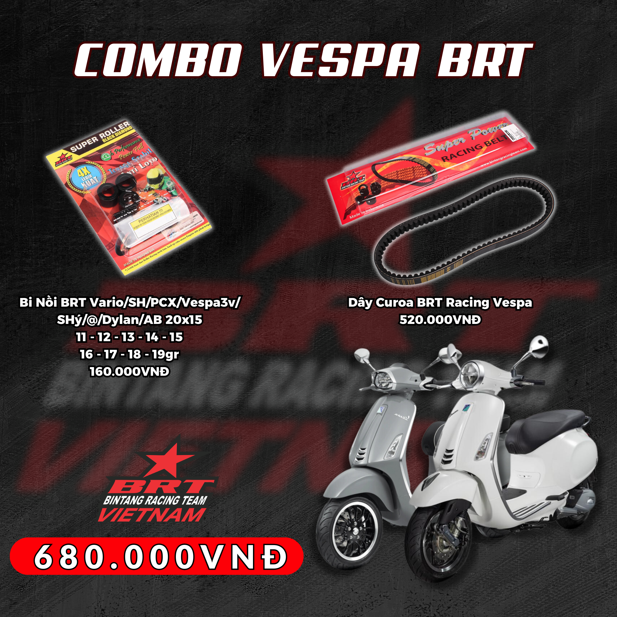  Combo Dây Curoa + Bi nồi Vespa BRT 